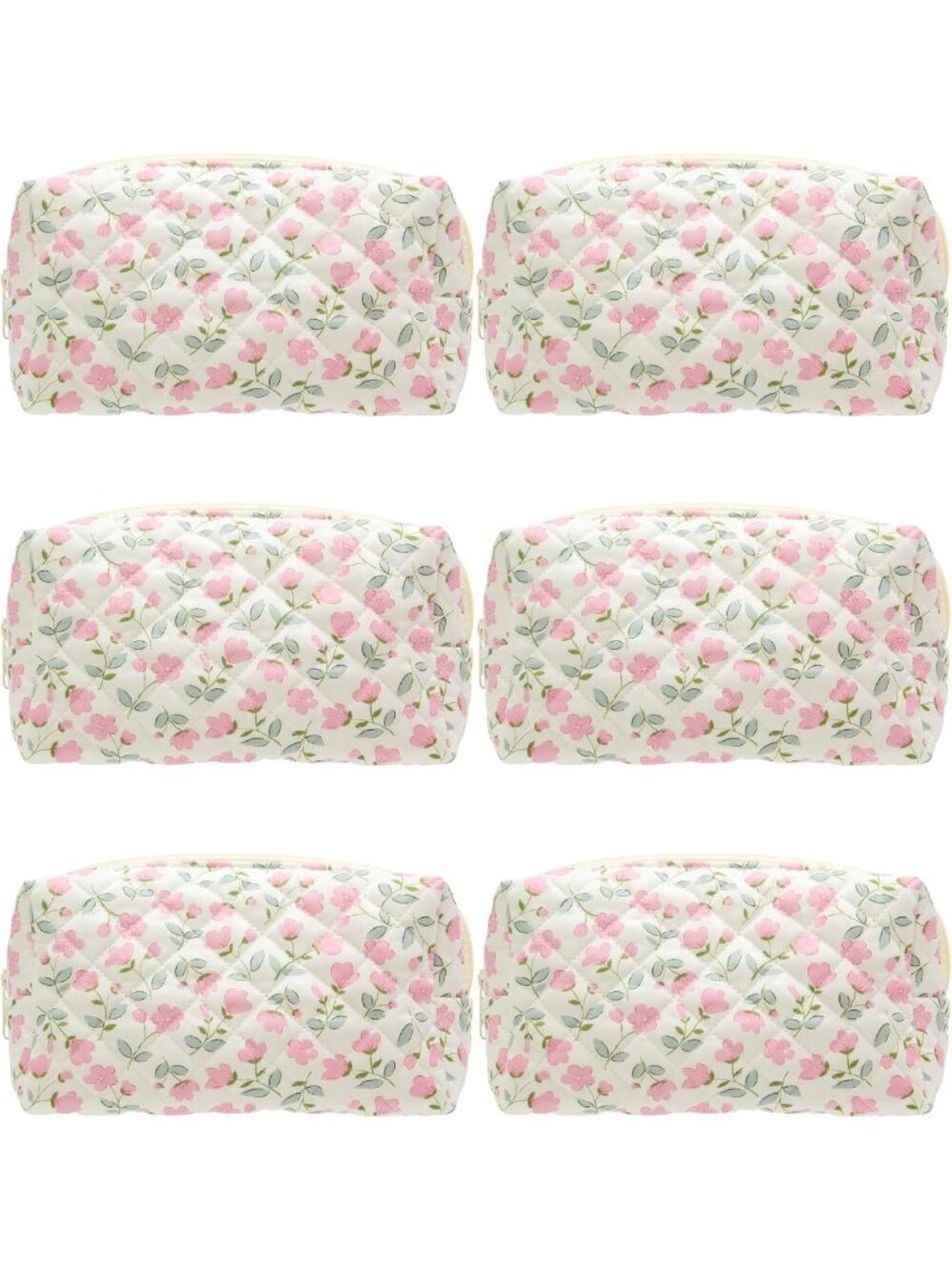 Floral Pink Small Quilted Makeup Bag Set - Zipper Cosmetic Pouches, 6 Pack